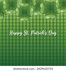 Happy St. Patrick's Day with four-leaf lucky clover isolated chessboard, checkerboard green background banner	