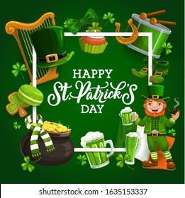 Feliz Día de San Patrón, marco de los símbolos irlandeses de la fiesta nacional. Sombrero de arpa vectora y de leprechauns, bizcocho y cerveza, zapatos y pañuelo a rayas. Herradura afortunada y shamrock verde tres trébol de hojas