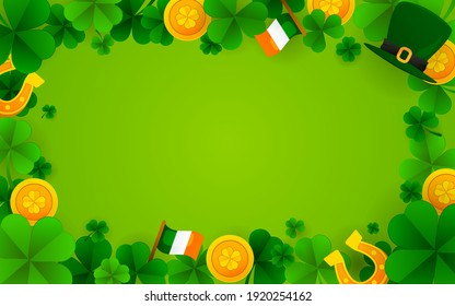 Happy St. Patrick's Day frame on green background vector illustration. Shamrock frame with gold coins, Leprechaun hat, Irish flag and horseshoe paper art style