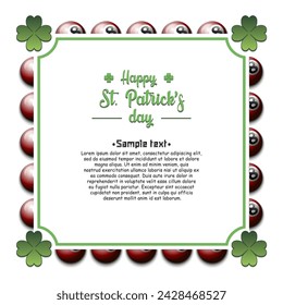 Happy St. Patricks day. Frame with billiard balls and clovers. Pattern design for banner, poster, greeting card, party invitation. Vector illustration on isolated background