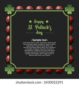 Happy St. Patricks day. Frame with cricket  balls and clovers. Pattern design for banner, poster, greeting card, party invitation. Vector illustration on isolated background