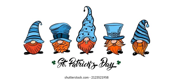 Happy St. Patricks Day funny gnomes. Logos and emblems for invitations, cards. Vector illustration.