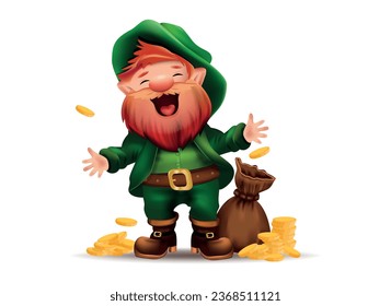 Happy St. Patrick's Day. Funny jolly gnome St. Patrick in green suit with bag of gold. Cartoon vector illustration for holiday, design, collage, print, stickers, postcards. 