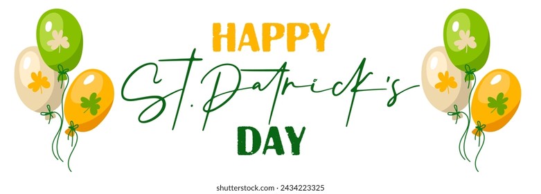 Happy St. Patrick's Day funny inscriptions and colored balls with clover for posters, flyers, T-shirts, postcards, invitations, stickers, banners, gifts. Vector illustration of modern Irish Horizontal