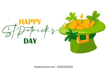 Happy St. Patrick's Day funny inscriptions and a green hat with gold coins for posters, flyers, T-shirts, postcards, invitations, stickers, banners, gifts. Vector illustration modern Irish appeal
