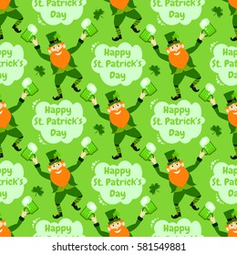 Happy St. Patrick's Day. Funny leprechaun with beer. Holiday seamless pattern. 