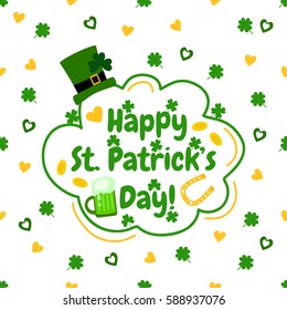 Happy St. Patrick's Day. Funny vector illustration with hat, green beer, clover, horseshoe and hearts. Holiday postcard. 