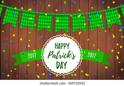 Happy St. Patrick's Day garland with green checkered pattern and lettering Happy Patricks day with ribbon on a wooden background. Ireland beer fest background celebrate with beautiful garland. Vector