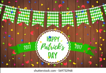 Happy St. Patrick's Day garland with green checkered pattern and lettering Happy Patricks day with ribbon on a wooden background. Ireland beer fest background celebrate with beautiful garland. Vector