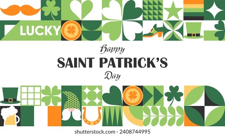 Happy St. Patrick's Day geometric abstract background with a leprechaun hat, clover, gold coins, beer and simple forms. Trendy horizontal vector illustration for banner, poster, cover, social media.