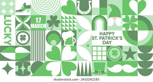 Happy St. Patrick's Day geometric seamless pattern in green palette. Mosaic vector background with a leprechaun hat, clover leaves, gold coins, beer and simple forms.Neo geo art. Swiss style.