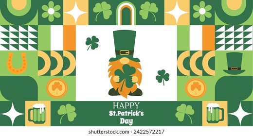 Happy St. Patrick's Day.  Geometric horizontal background with abstract shapes . The traditional elements of the Irish holiday are depicted.  Trending vector illustration for banners, posters, 