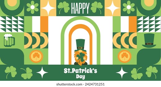 Happy St. Patrick's Day. Geometric horizontal background with abstract shapes. Traditional elements of the Irish holiday. Trending vector illustration for banners, posters.