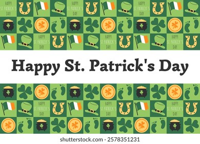 Happy St. Patrick's Day geometric abstract poster. Mosaic vector background with leprechaun hat, clover leaves, gold coins, horseshoe, pot of gold. For traditional ireland celebration on march 17