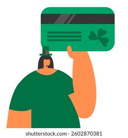 Happy St. Patrick's Day gift Card. Girl doing Online banking payment. Green Business. Flat vector illustration isolated on white background.