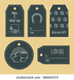 Happy st. Patricks day gift tags from chalky texture. Ready to use. St. Paddys day greeting. Flat design. Vector illustration
