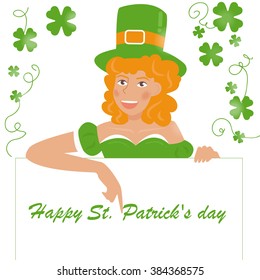 Happy St. Patrick's day. Girl in green uniforms holding a banner. Vector isolated illustration. Cartoon character. Place for text