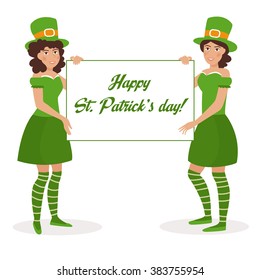 Happy St. Patrick's day. Girls in green uniforms and striped stockings holding a banner. Vector isolated illustration. Cartoon character. Place for text