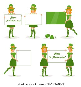 Happy St. Patrick's day. Girls in green uniforms and striped stockings holding a banner. Vector isolated illustration. Cartoon character. Place for text