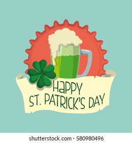 happy st patricks day glass green beer clover badge vector illustration eps 10