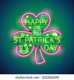 Happy St Patricks Day glowing neon sign makes it quick and easy to customize your holiday projects. Each of object is named and placed in a symbol panel. Used neon vector brushes are included.