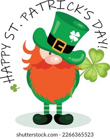 Happy St Patricks Day gnome holding a green four-leaf clover
