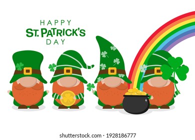 Happy St Patrick's day with gnomes. Cute Leprechaun in green costume with clover leaves and gold. -vector