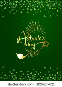 Happy St. Patrick's day gold lettering logo with Leprechaun face outline on dark green clover shamrock leaves background. Abstract Irish holiday backdrop for greeting cards design. Vector
