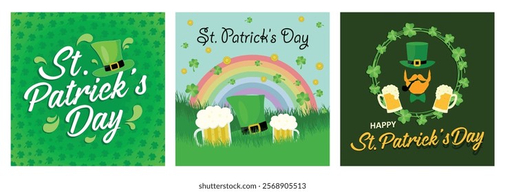 Happy St. Patrick's Day. Gold coins and clover leaves on rainbow background. Saint Patrick's Day Celebration with Leprechauns, beer, and shamrocks. St. Patrick's Day concept.