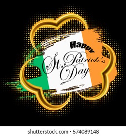 Happy St. Patricks day gold frame of trefoil in grunge style, vector illustration