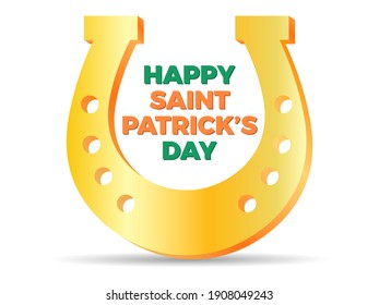Happy St. Patrick's Day. Golden horseshoe on white background. Banner for promotional items, greeting cards and printing. Vector illustration