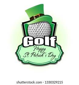 Happy St. Patricks day. Golf logo template design. Golf ball with St. Patrick hat. Pattern for banner, poster, greeting card, party invitation. Vector illustration