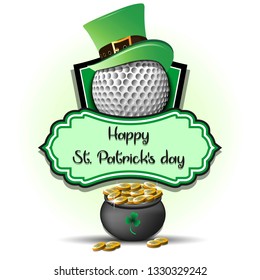 Happy St. Patricks day. Golf logo template design. Golf ball with St. Patrick hat and pot with gold. Pattern for banner, poster, greeting card, party invitation. Vector illustration