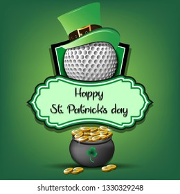 Happy St. Patricks day. Golf logo template design. Golf ball with St. Patrick hat and pot with gold. Pattern for banner, poster, greeting card, party invitation. Vector illustration