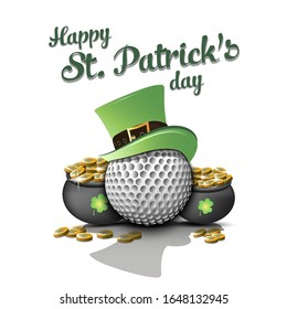 Happy St. Patricks day. Golf ball with St. Patrick hat and pot with gold on an isolated background. Pattern for banner, poster, greeting card, invitation. Vector illustration