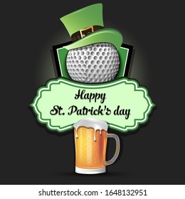 Happy St. Patricks day. Golf logo template design. Golf ball with St. Patrick hat and mug of beer. Pattern for banner, poster, greeting card, party invitation. Vector illustration