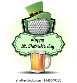 Happy St. Patricks day. Golf logo template design. Golf ball with St. Patrick hat and mug of beer. Pattern for banner, poster, greeting card, party invitation. Vector illustration