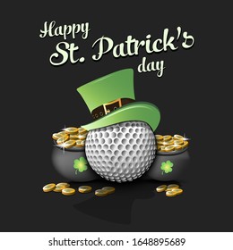 Happy St. Patricks day. Golf ball with St. Patrick hat and pot with gold on an isolated background. Pattern for banner, poster, greeting card, invitation. Vector illustration