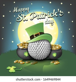 Happy St. Patricks day. Golf ball with St. Patrick hat and pot with gold on the background of the moon. Pattern for banner, poster, greeting card, invitation. Vector illustration