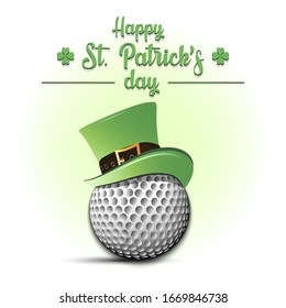 Feliz Día de San Patricio. Balón de golf en sombrero leprechaun en un fondo aislado. Patrón para banner, afiche, tarjeta de saludo, invitación de fiesta. Ilustración del vector