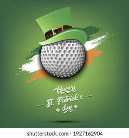 Feliz Día de San Patrón. La pelota de golf en leprechaun es el fondo de la bandera irlandesa. Patrón para tarjeta de saludo, logotipo, banner, afiche, invitación a fiesta. Ilustración del vector