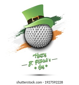 Feliz Día de San Patrón. La pelota de golf en leprechaun es el fondo de la bandera irlandesa. Patrón para tarjeta de saludo, logotipo, banner, afiche, invitación a fiesta. Ilustración del vector