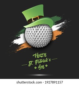 Happy St. Patricks Day. Golf Ball In Leprechaun Hat The Background Of The Irish Flag. Pattern For Greeting Card, Logo, Banner, Poster, Party Invitation. Vector Illustration