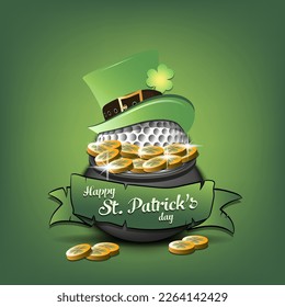 Happy St. Patrick's day. Golf ball in leprechaun hat in pot with gold coins. Pattern design for logo, banner, poster, greeting card, party invitation. Vector illustration on isolated background