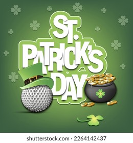 Alles Gute zum St. Patrick's Day! Golf Ball in Koboldhut, Topf mit Goldmünzen und Klee. Design für Logo, Banner, Poster, Grußkarte. Vektorgrafik auf isoliertem Hintergrund