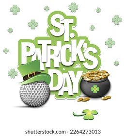 Alles Gute zum St. Patrick's Day! Golf Ball in Koboldhut, Topf mit Goldmünzen und Klee. Design für Logo, Banner, Poster, Grußkarte. Vektorgrafik auf isoliertem Hintergrund