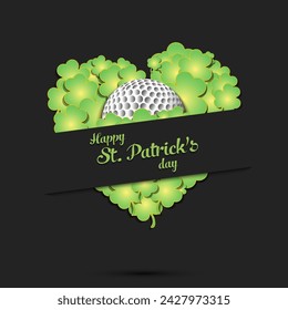 Happy St. Patricks day. Golf ball on background heart made of clovers and shamrock. Pattern design for logo, banner, poster, greeting card. Vector illustration on isolated background