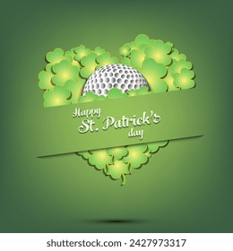 Happy St. Patricks day. Golf ball on background heart made of clovers and shamrock. Pattern design for logo, banner, poster, greeting card. Vector illustration on isolated background