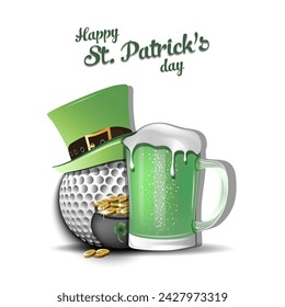 Happy St. Patricks day. Golf ball with St. Patrick hat, mug of beer and pot with gold. Pattern design for logo, banner, poster, greeting card. Vector illustration on isolated background