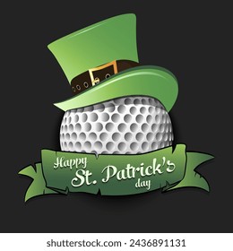 Happy St. Patricks day. Golf ball in leprechaun hat with banner. Pattern for greeting card, logo, banner, poster, party invitation. Vector illustration on isolated background